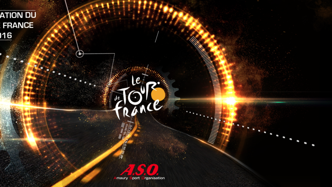 The Tour de France 2016 logo surrounded by golden mechanical rings, with the A.S.O. signature