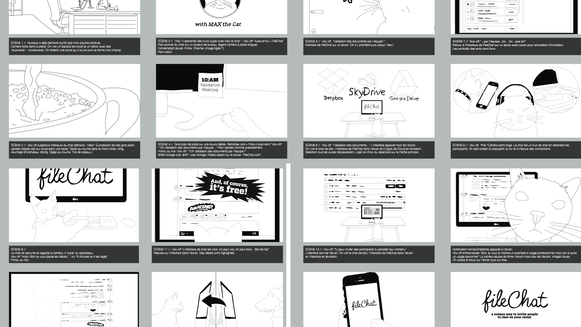 Storyboard for the FileChat teaser, with drawn scenes of Max the cat, the interface, cloud services and the animal team.