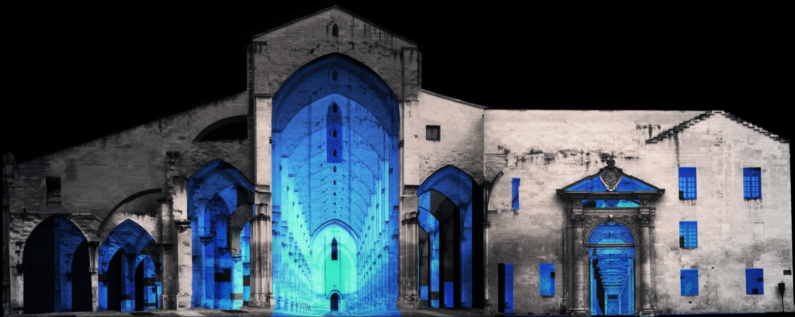 Fa&ccedil;ade visualisation: blue and cyan arches extend the C&eacute;lestins church into an imagined interior.