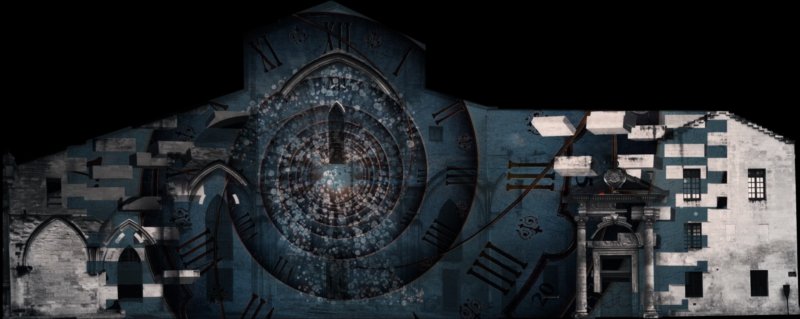 Fa&ccedil;ade visualisation: an oversized clock, circular light patterns and displaced stone blocks transform the C&eacute;lestins church.