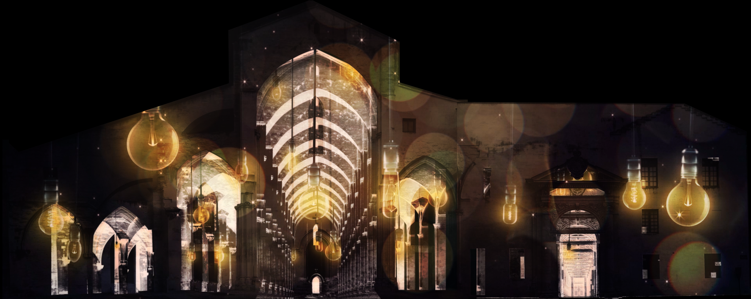 Fa&ccedil;ade visualisation: hanging golden lightbulbs reveal a succession of arches inside the C&eacute;lestins church.