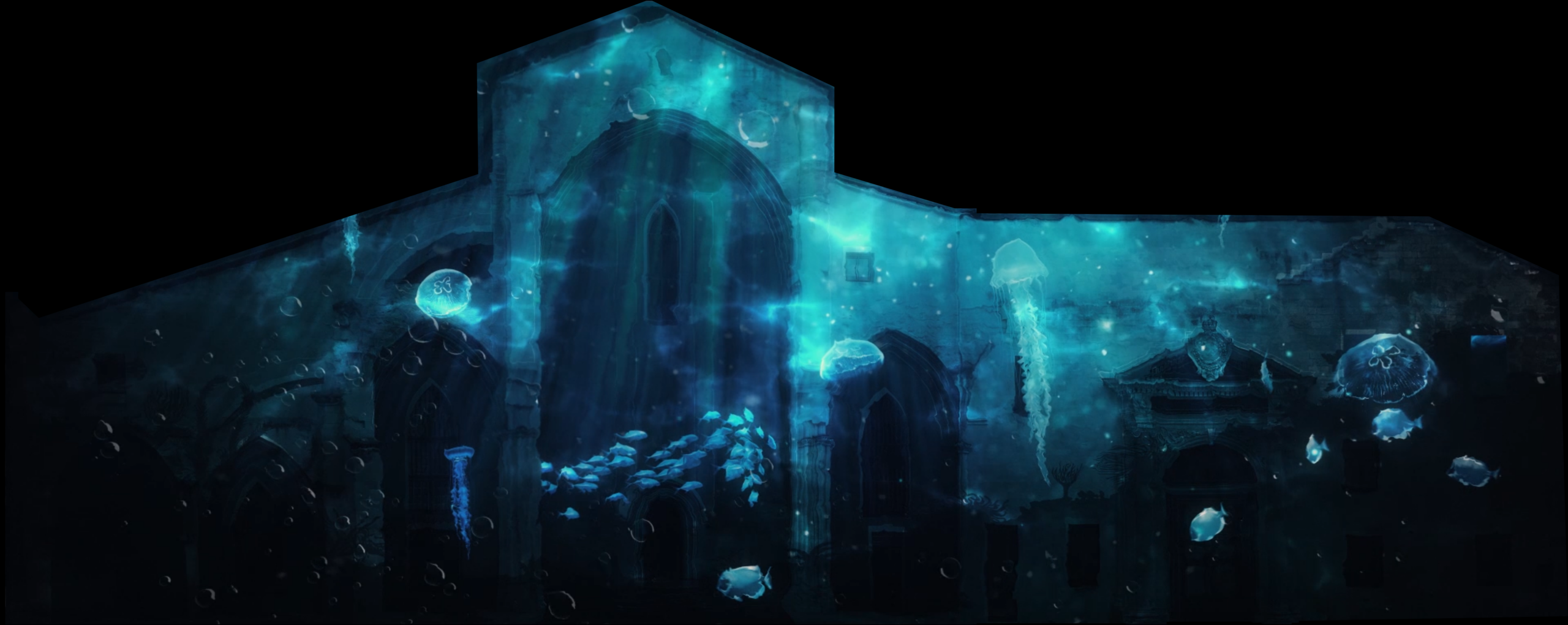 Fa&ccedil;ade visualisation: luminous jellyfish and schools of fish fill the C&eacute;lestins church with blue light.