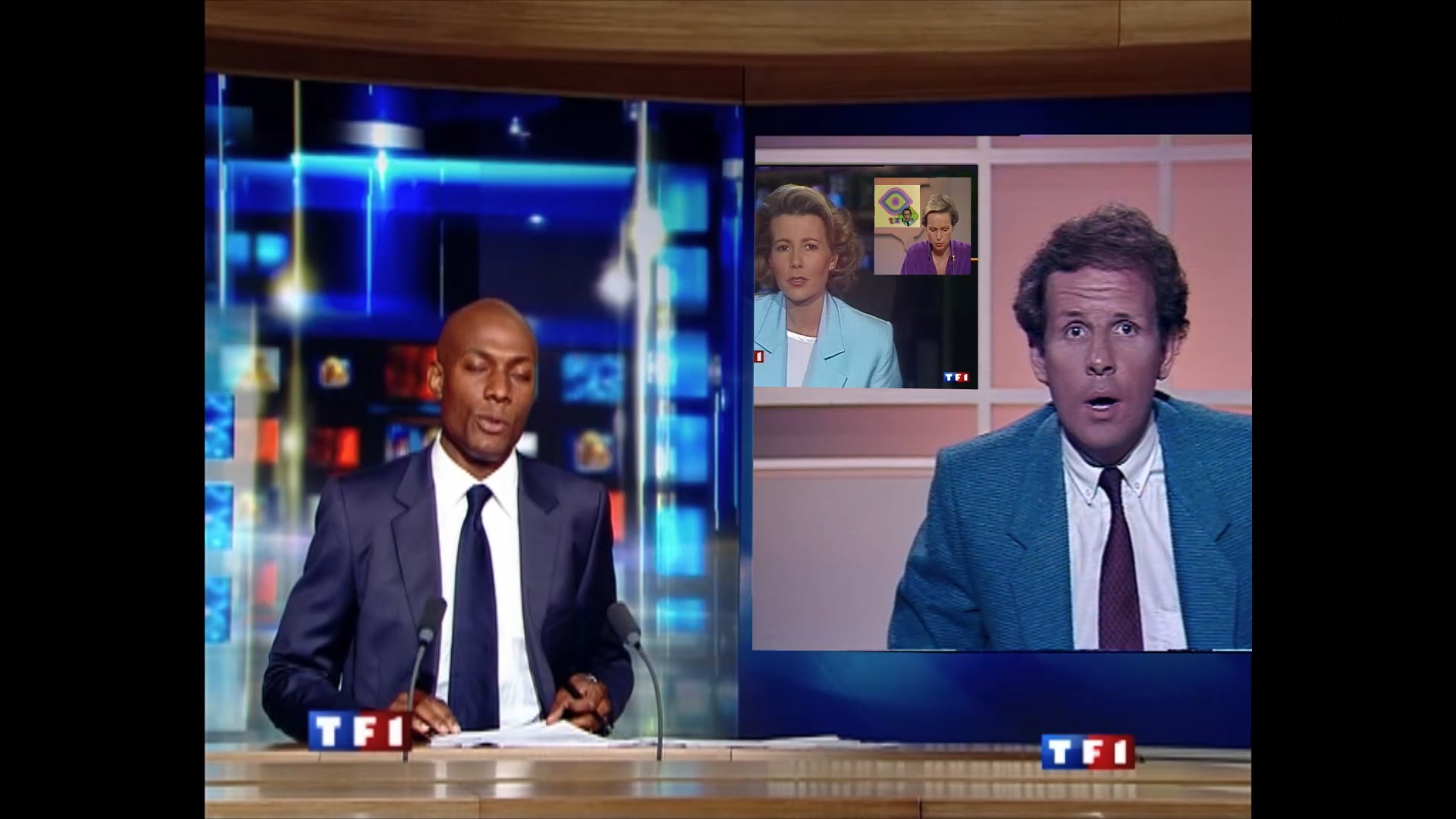 Television news archives nested inside one another in a composited sequence.