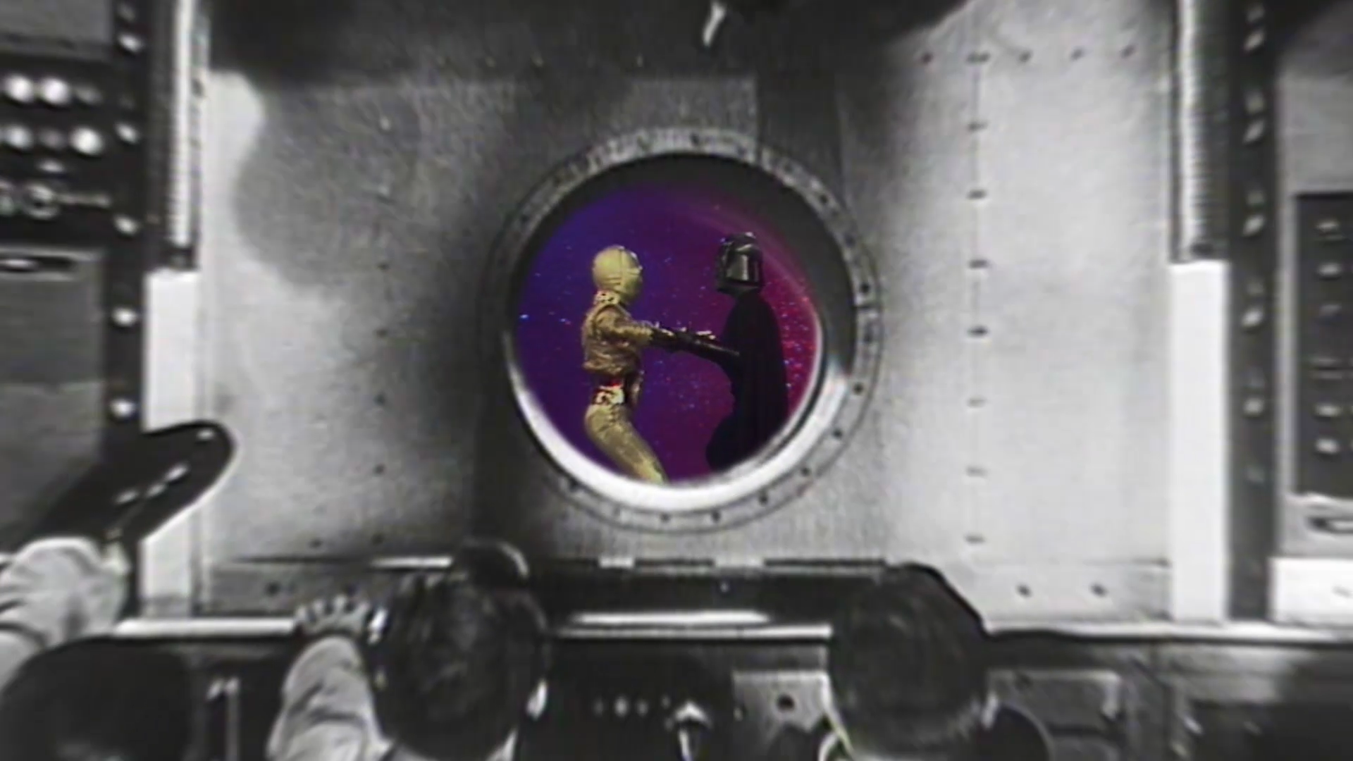 A monochrome spacecraft interior with a colourful archive insert inside a circular porthole.