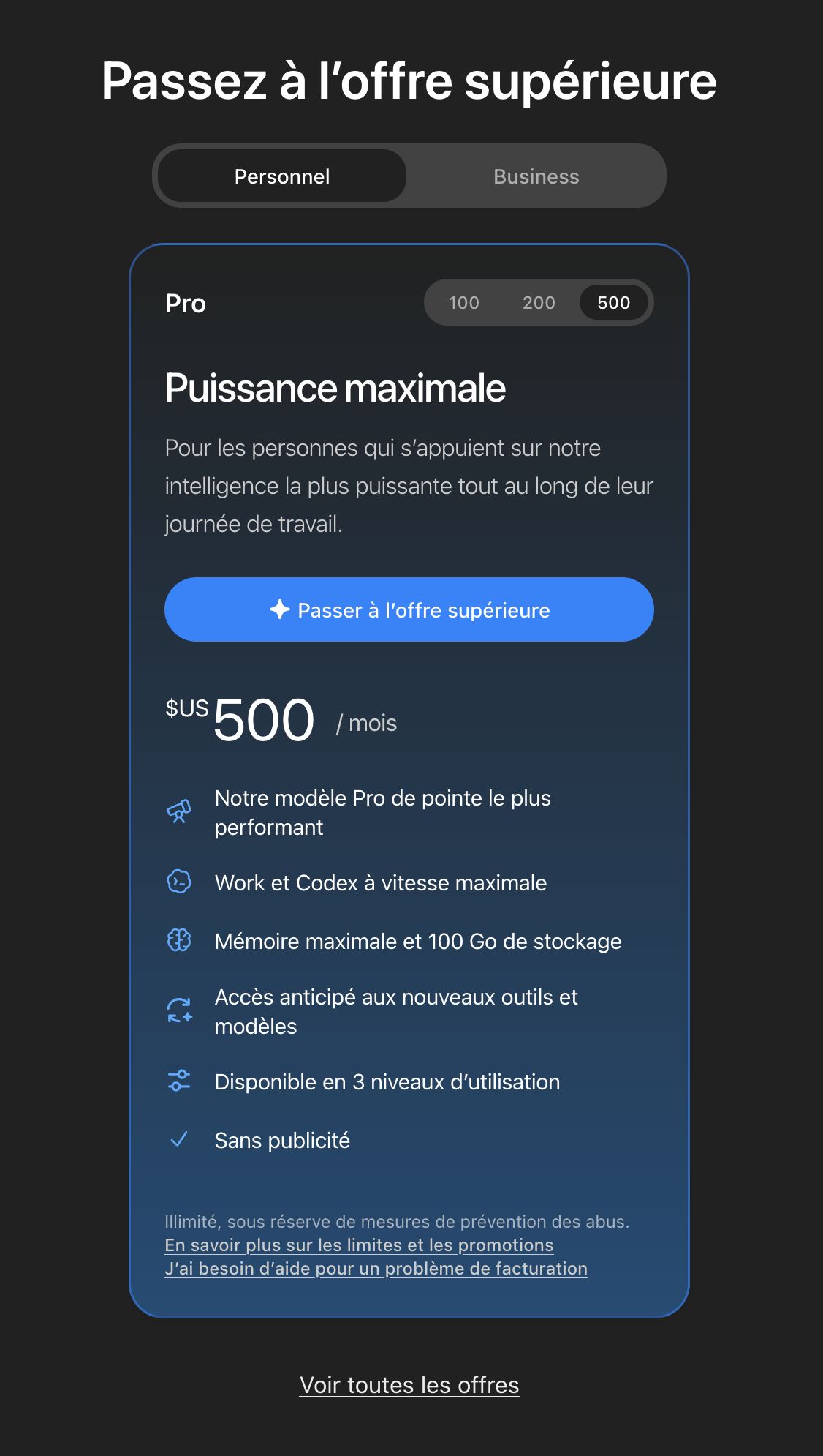 The $500-per-month ChatGPT Pro plan, as displayed in my account.