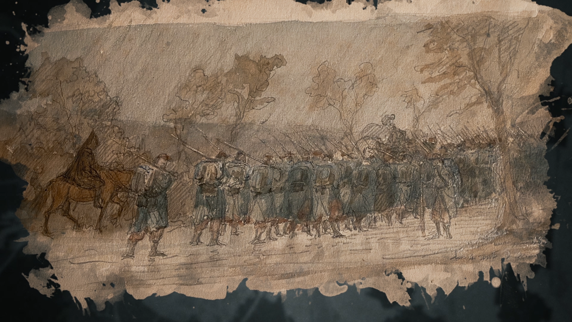 A drawing of marching soldiers revealed through watercolour textures, from my preferred art direction.