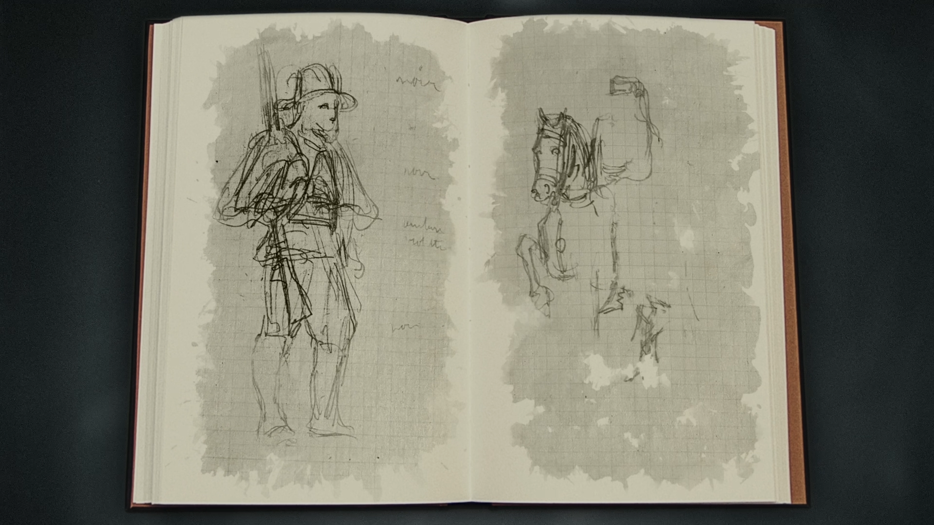 An open sketchbook with figures and a horse, from my preferred art direction.