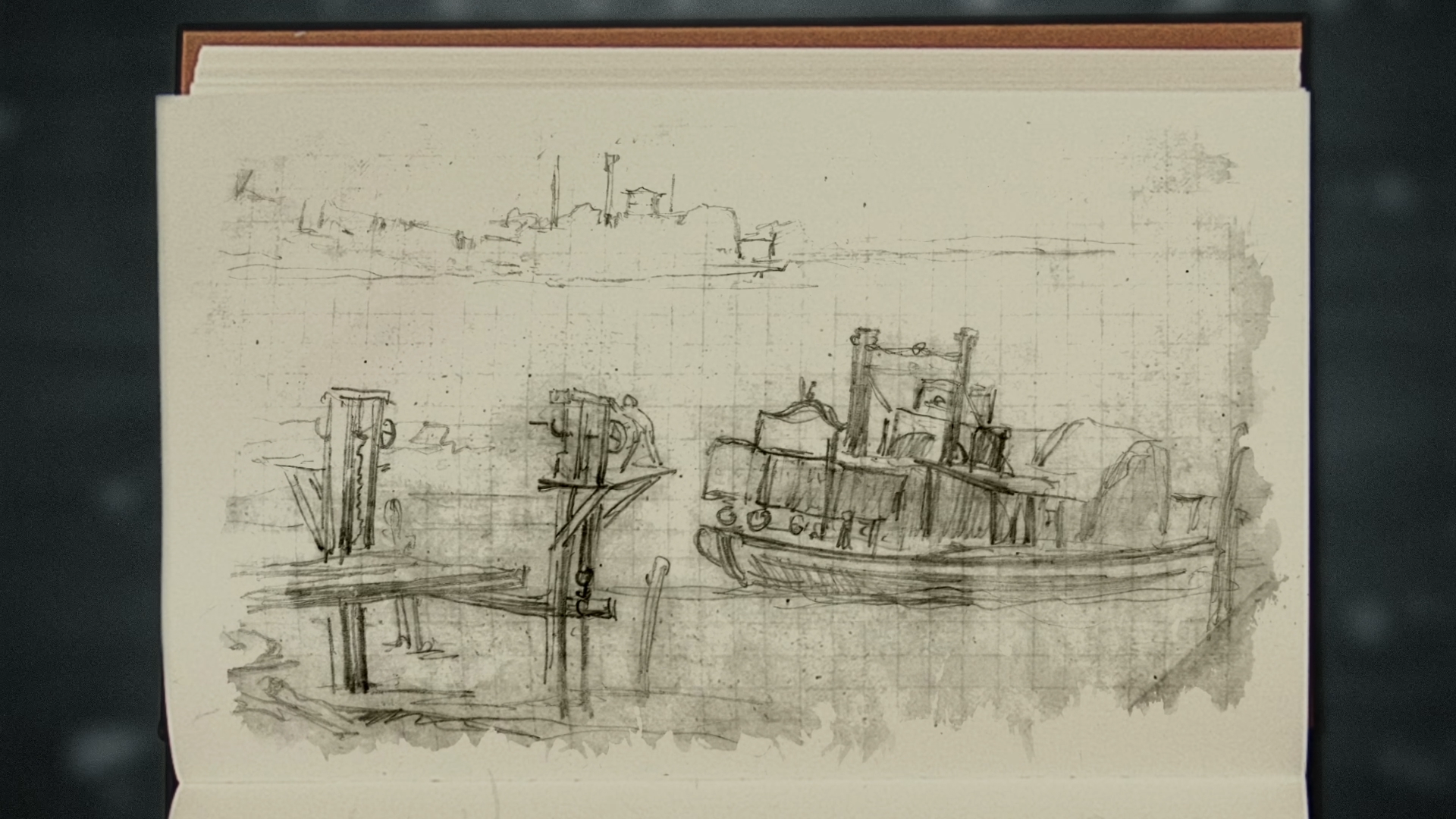 A steamboat drawing on a sketchbook page, from my preferred art direction.