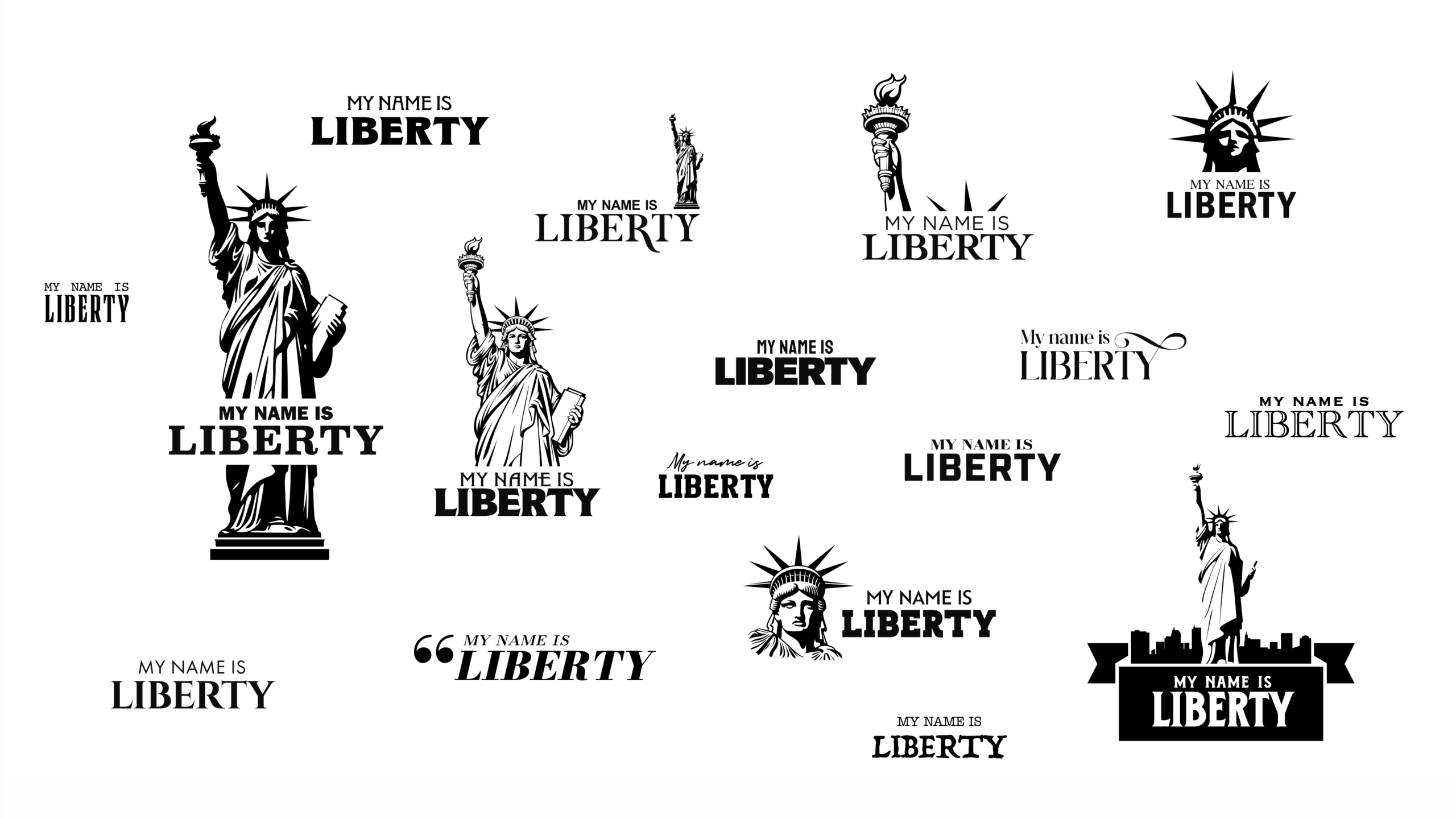 Black-and-white title and logo studies for My Name Is Liberty, from my preferred art direction.