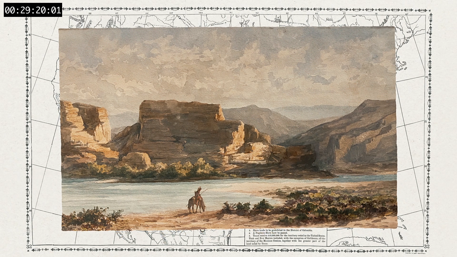 A watercolour landscape layered over an antique map, from my preferred art direction.