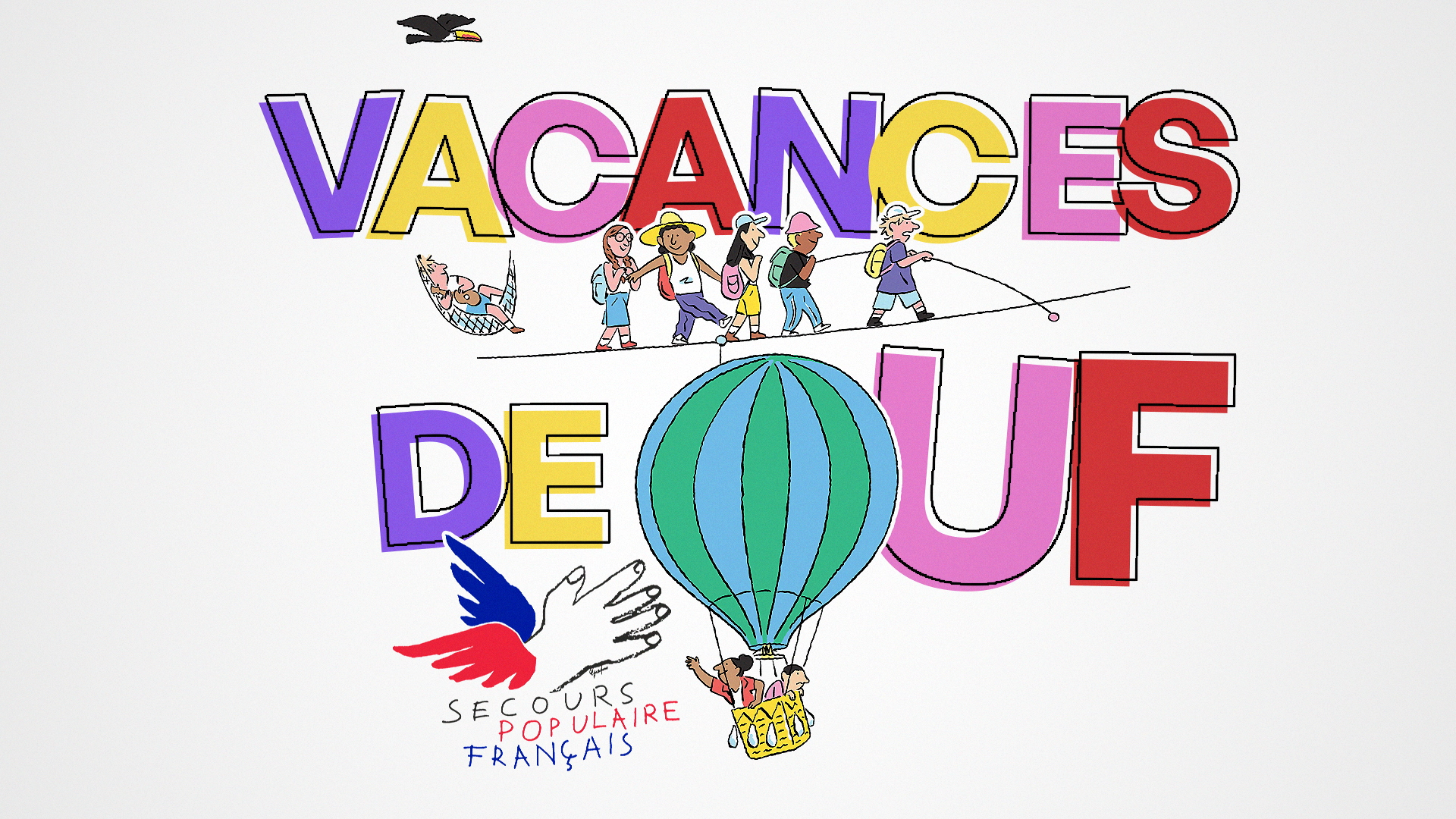 Vacances de Ouf lettering with illustrated children and the Secours populaire français logo