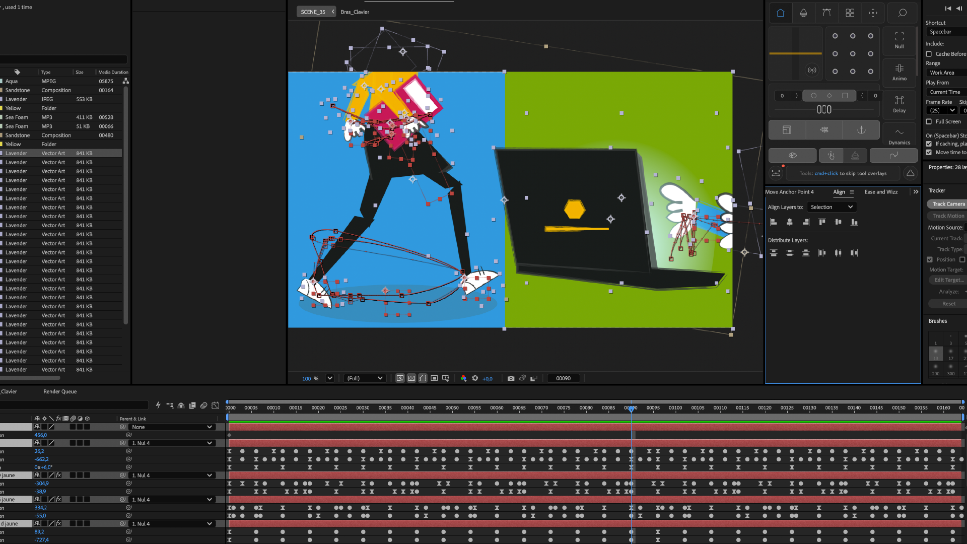 After Effects workspace showing animated characters, a laptop and the character rig with keyframes.