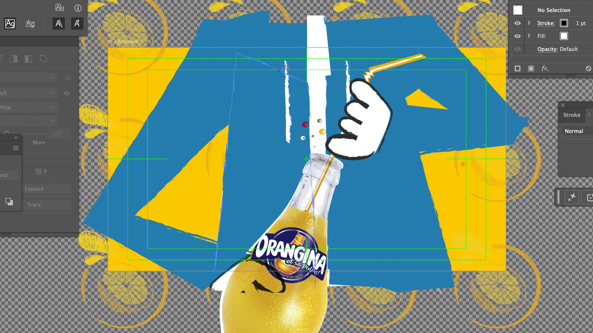 Illustrator workspace showing a cut-out blue character holding an Orangina bottle against a yellow background.