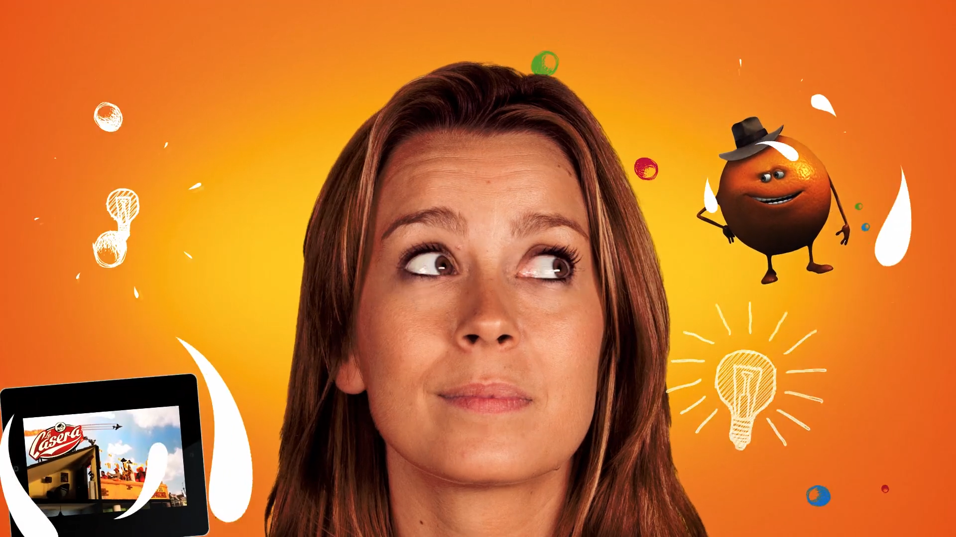 A woman on an orange background surrounded by drawn symbols and fruit brand characters.