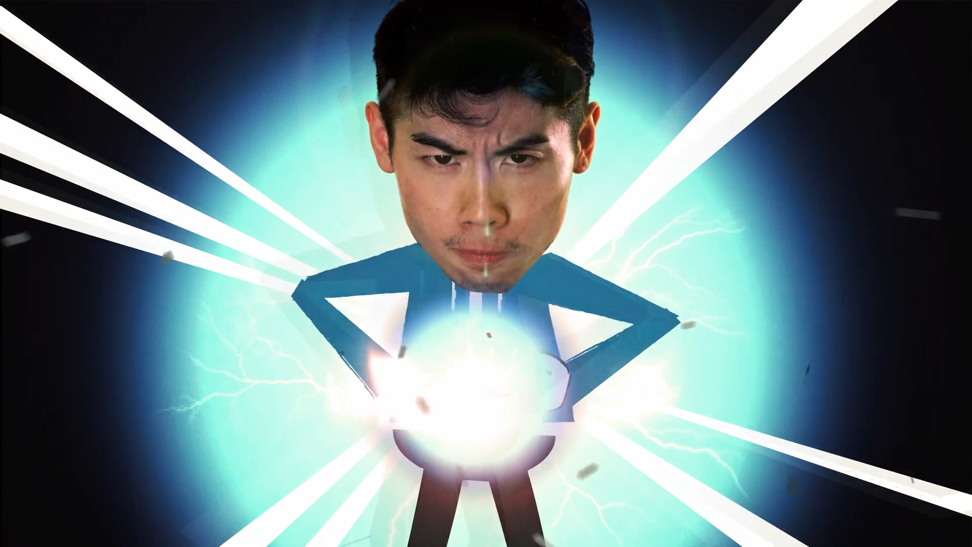 A character with a photographic face and an illustrated blue body surrounded by white rays and a cyan glow.