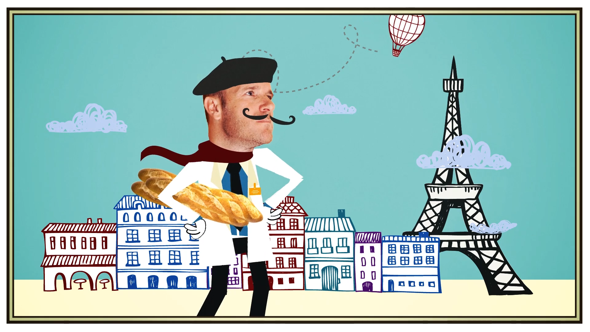 A photographic face on an illustrated character carrying baguettes in a drawn Paris cityscape.
