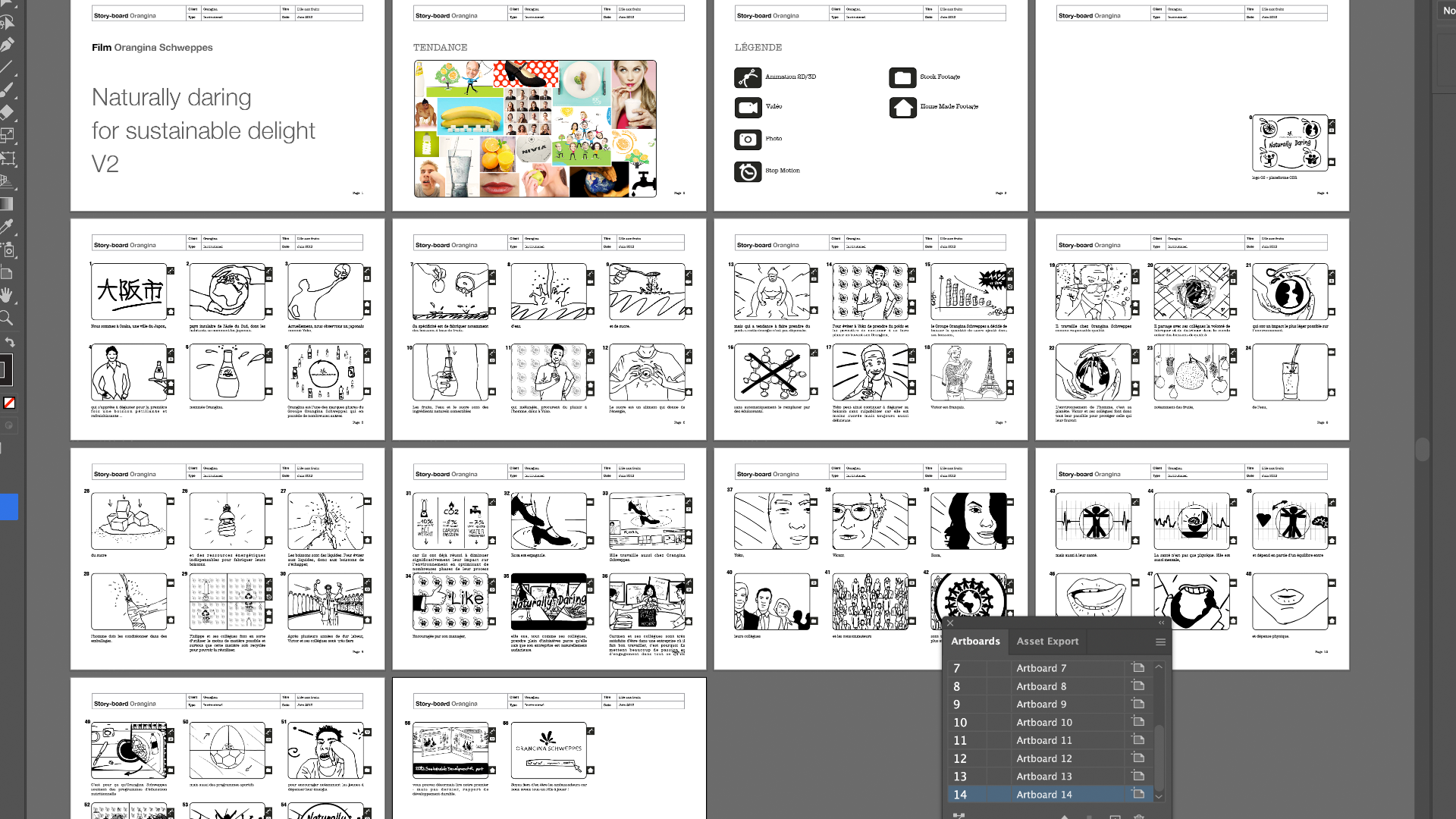 Overview of the Orangina Schweppes storyboard in Illustrator, with visual references, a production-technique legend and the numbered shot sequence.