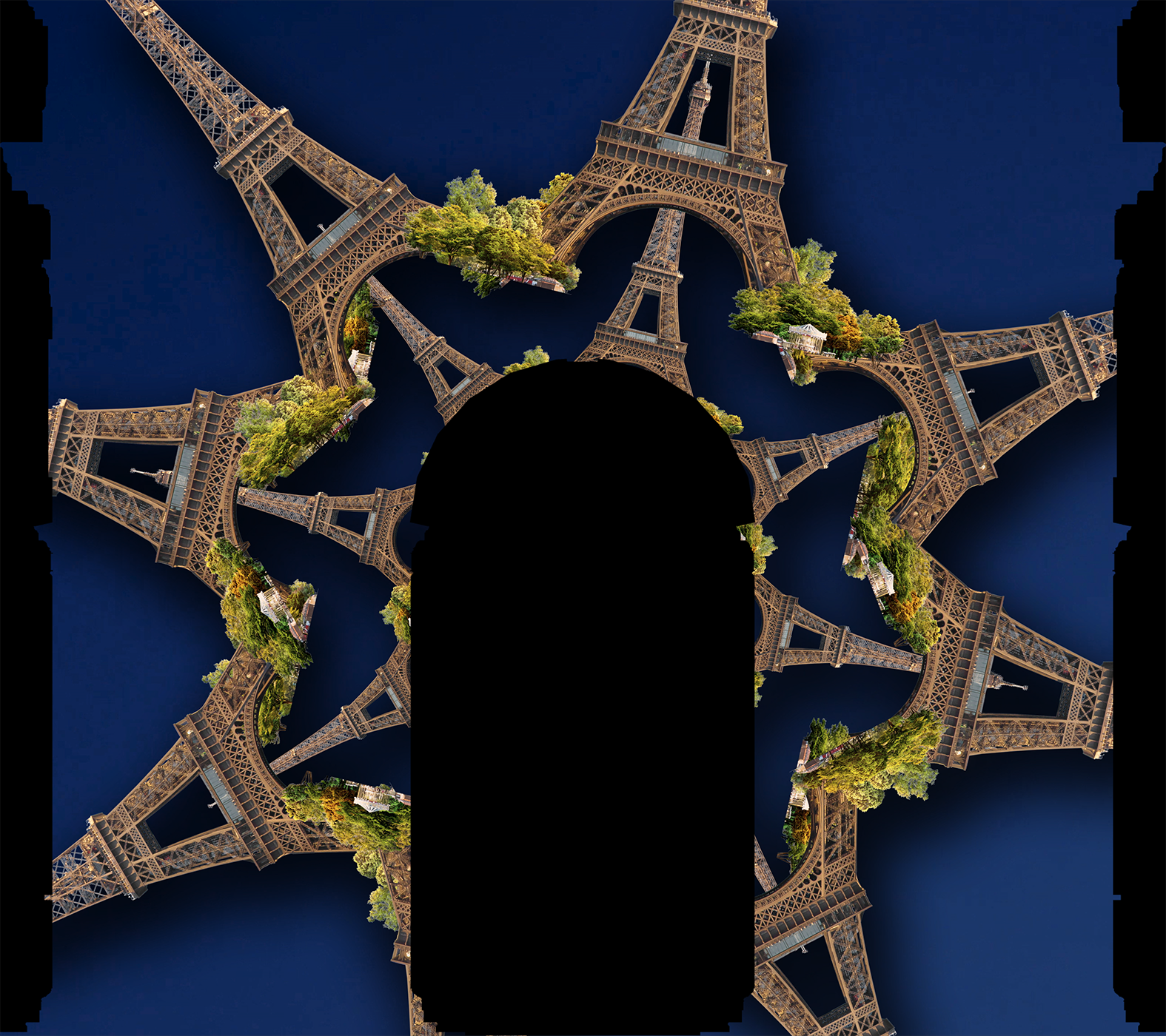 Mapping artwork: repeated Eiffel Towers and green gardens form a circular composition around the arch of the Arc de Triomphe.