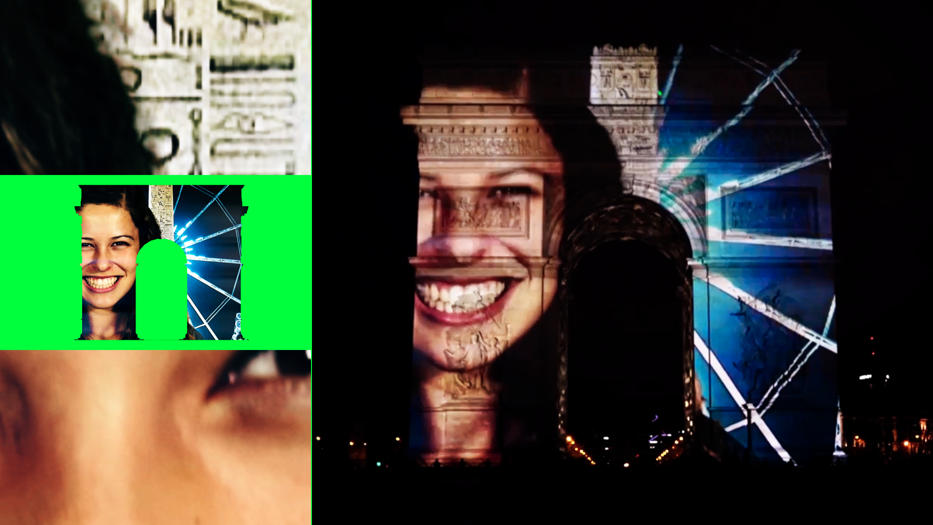 Collage of a smiling face and the Concorde Ferris wheel projected onto the Arc de Triomphe, with an inset mapping visual on a green background.