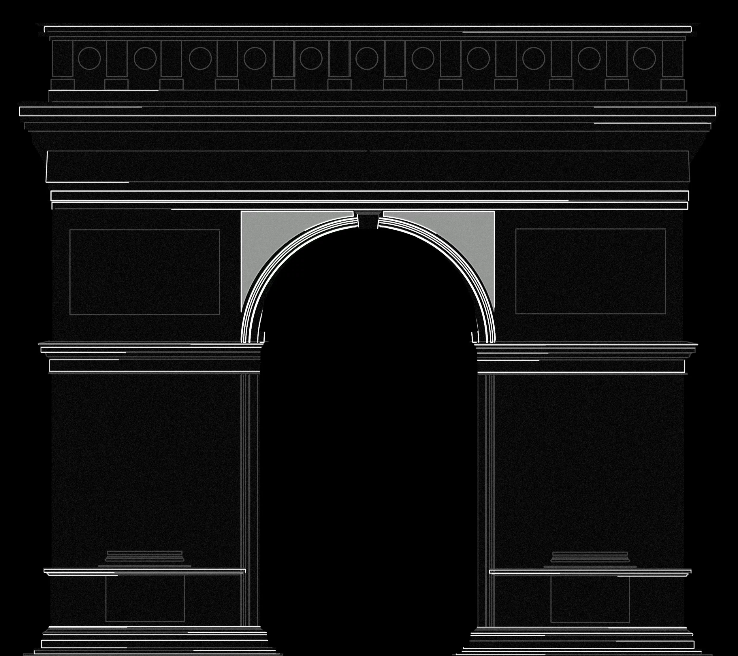 Mapping artwork: fine white lines trace the cornices, columns and central arch of the Arc de Triomphe on a black background.
