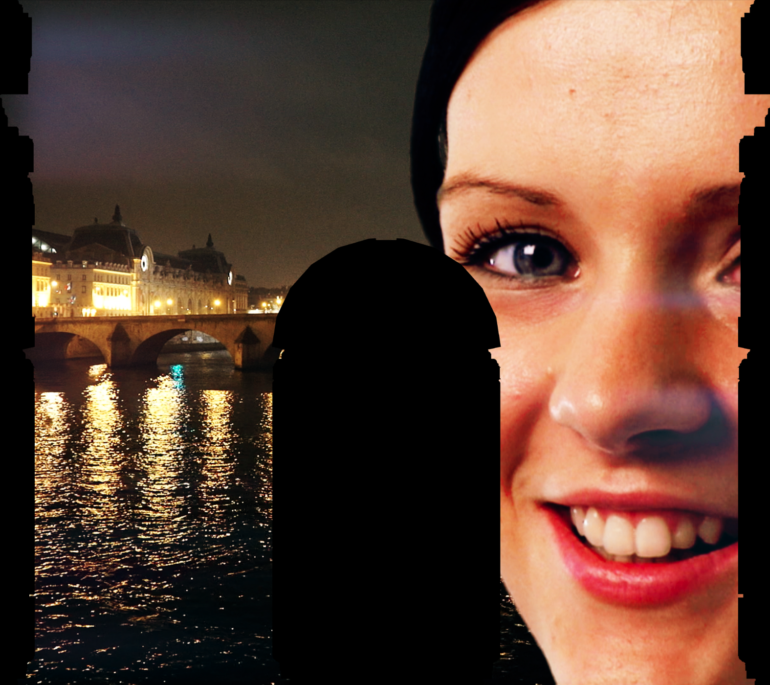 Mapping artwork: a smiling face is paired with a night view of the Seine, following the shape of the Arc de Triomphe.