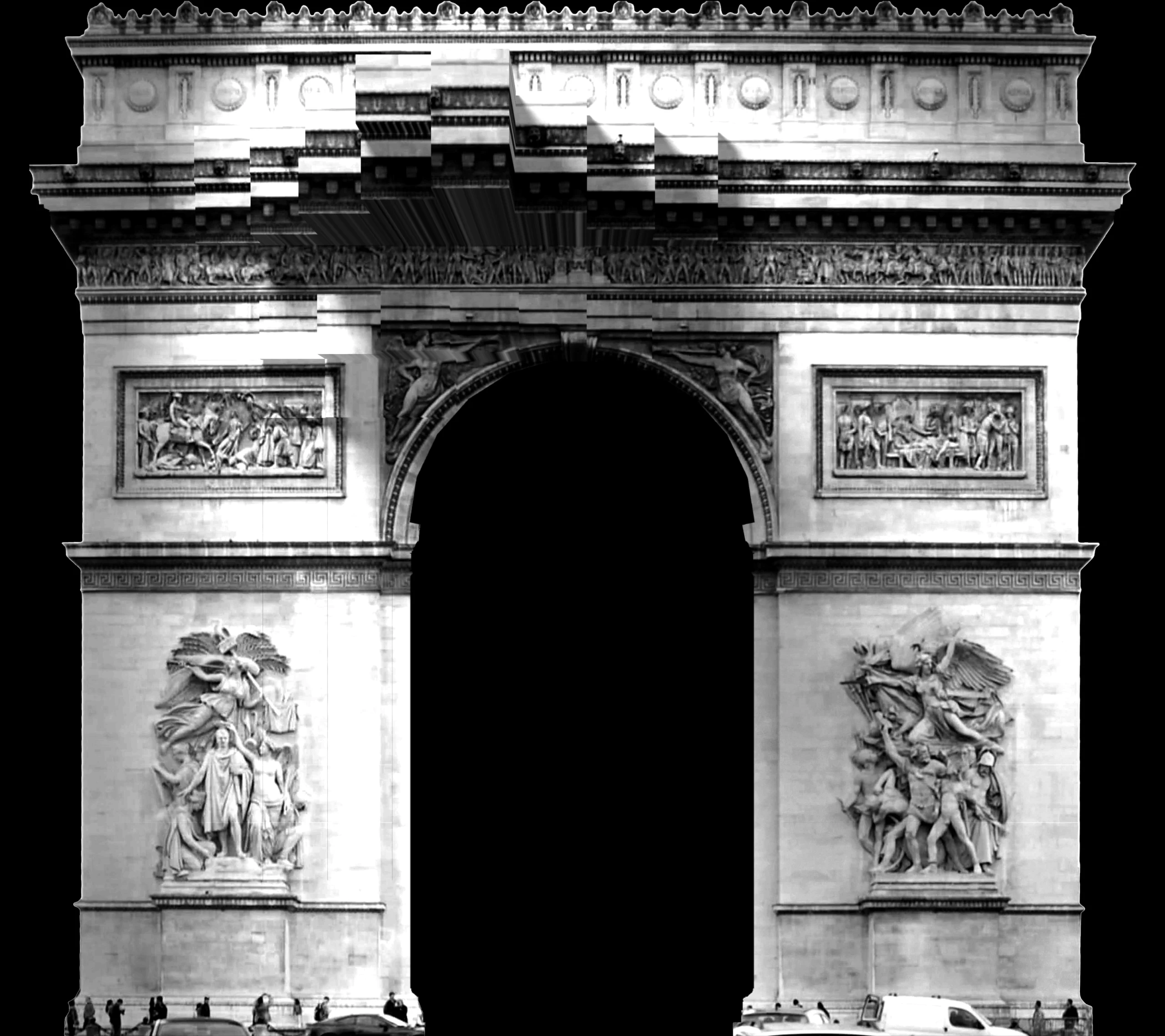 Mapping artwork: staggered stone blocks distort the upper fa&ccedil;ade of the Arc de Triomphe.