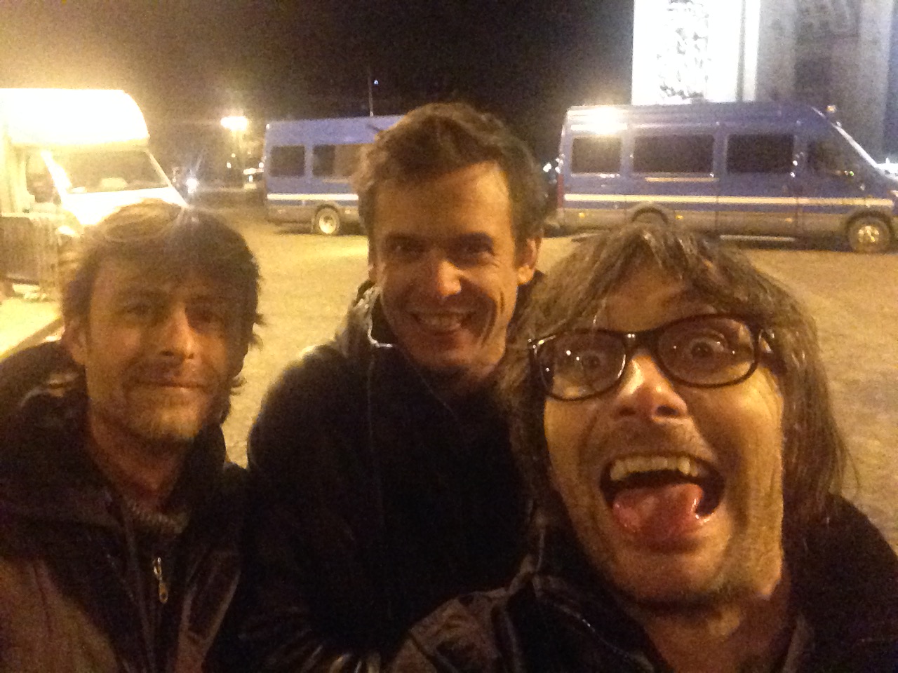 Rapha&euml;l Mechet, Olivier Blaecke and Christophe Rannou together after the New Year projection in Paris, 1 January 2016.
