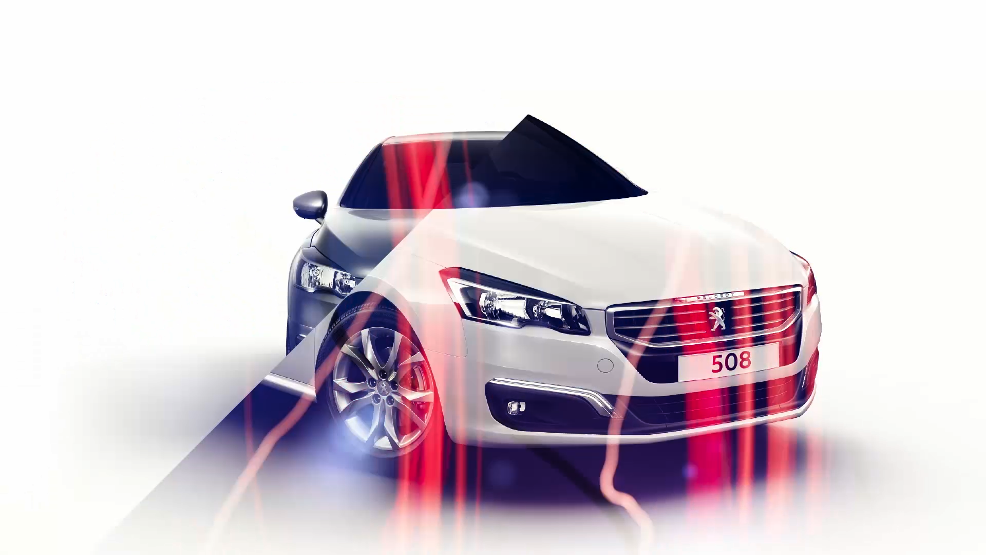 A Peugeot 508 revealed through intersecting shapes and red light trails on white.
