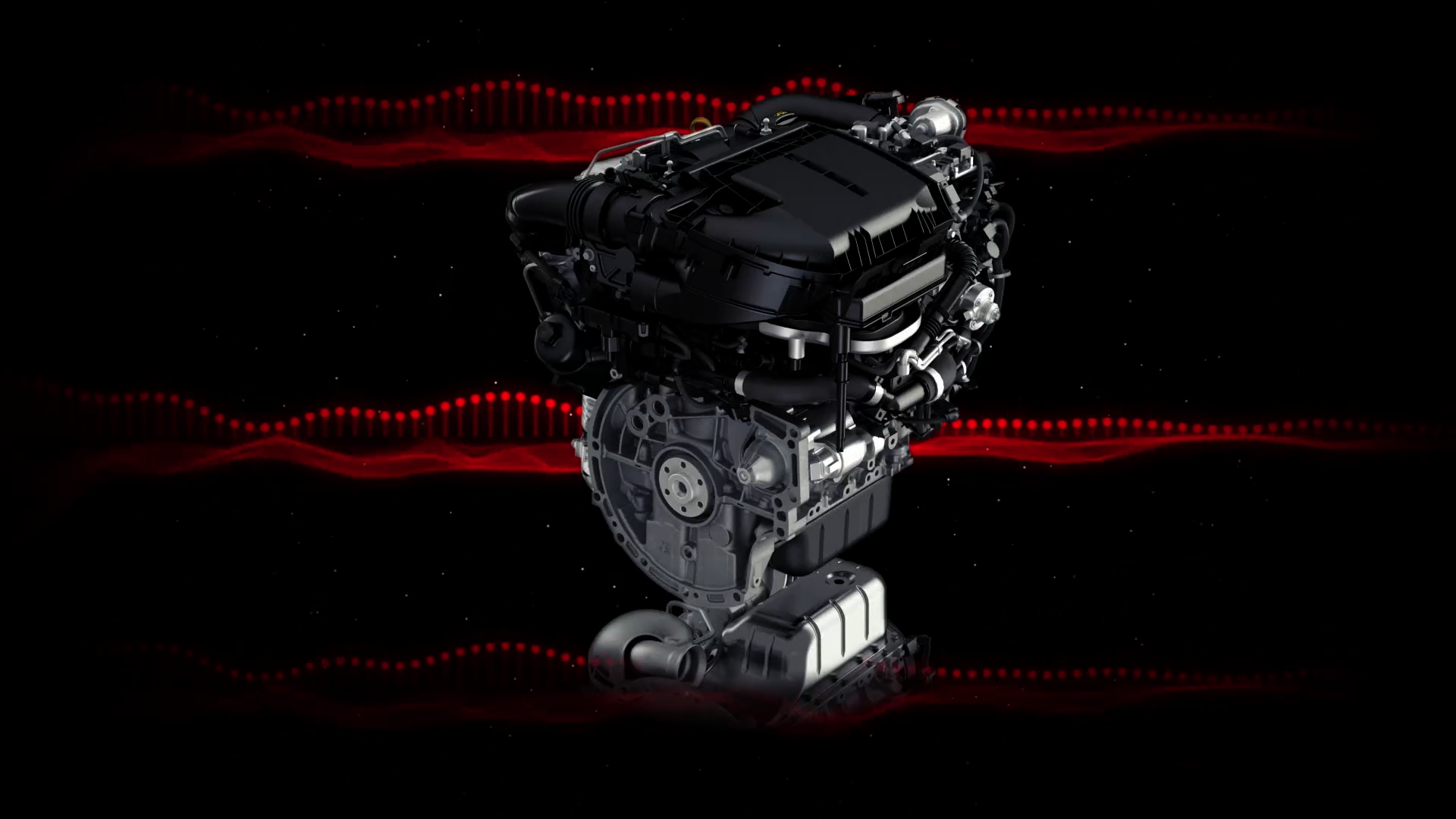 A Peugeot engine surrounded by red helix-like motion graphics on black.