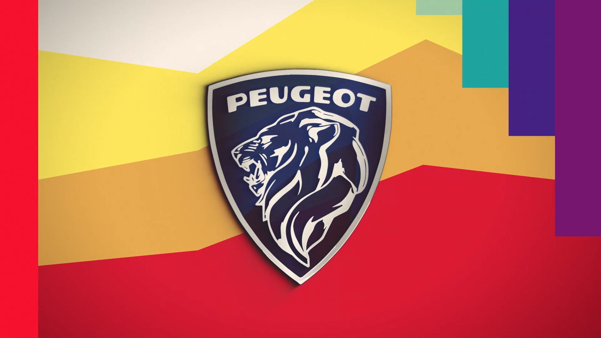 A historic Peugeot lion badge over red, yellow and multicoloured geometric graphics.