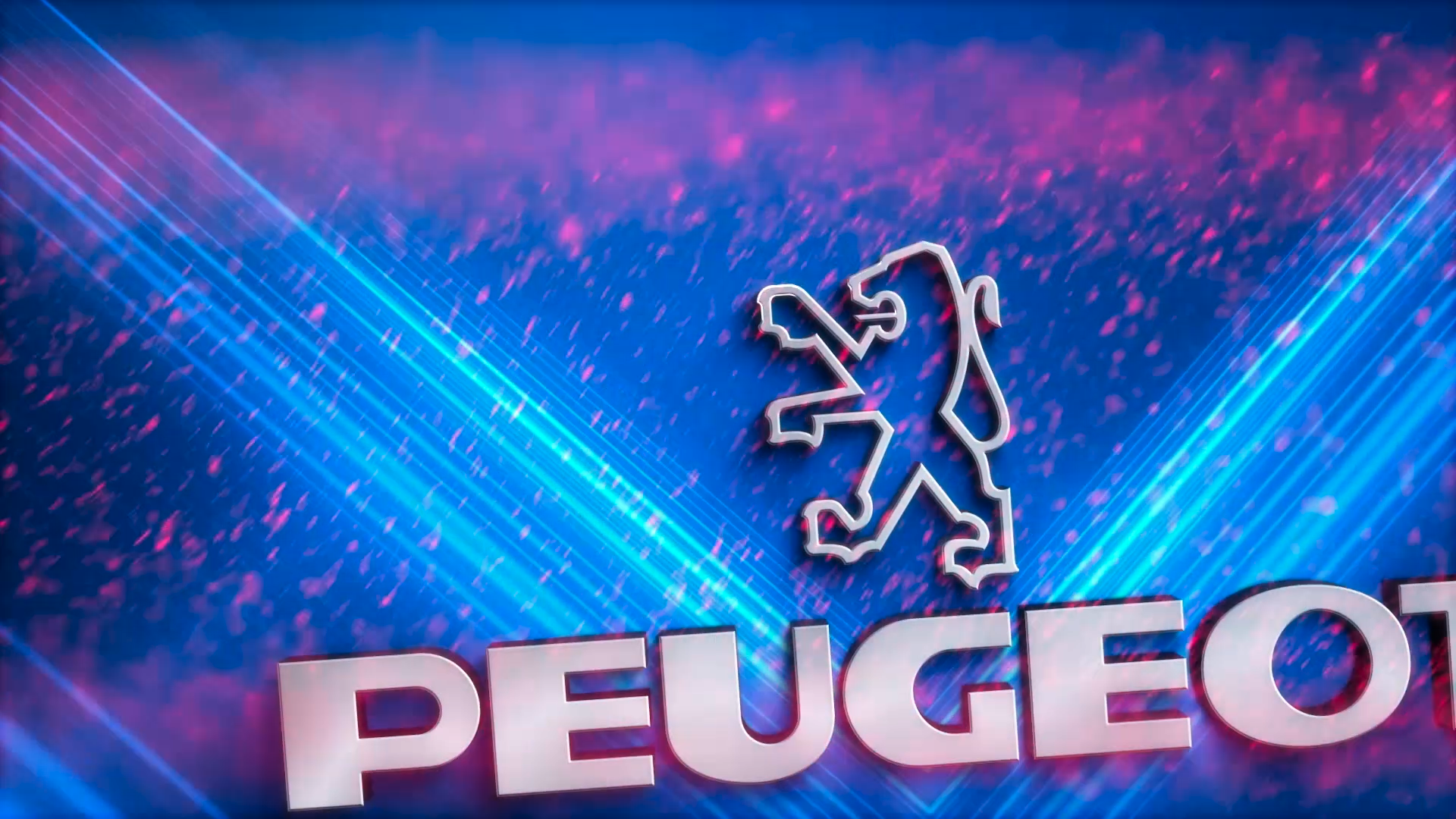 The Peugeot lion emblem and lettering over blue and pink animated graphic streaks.