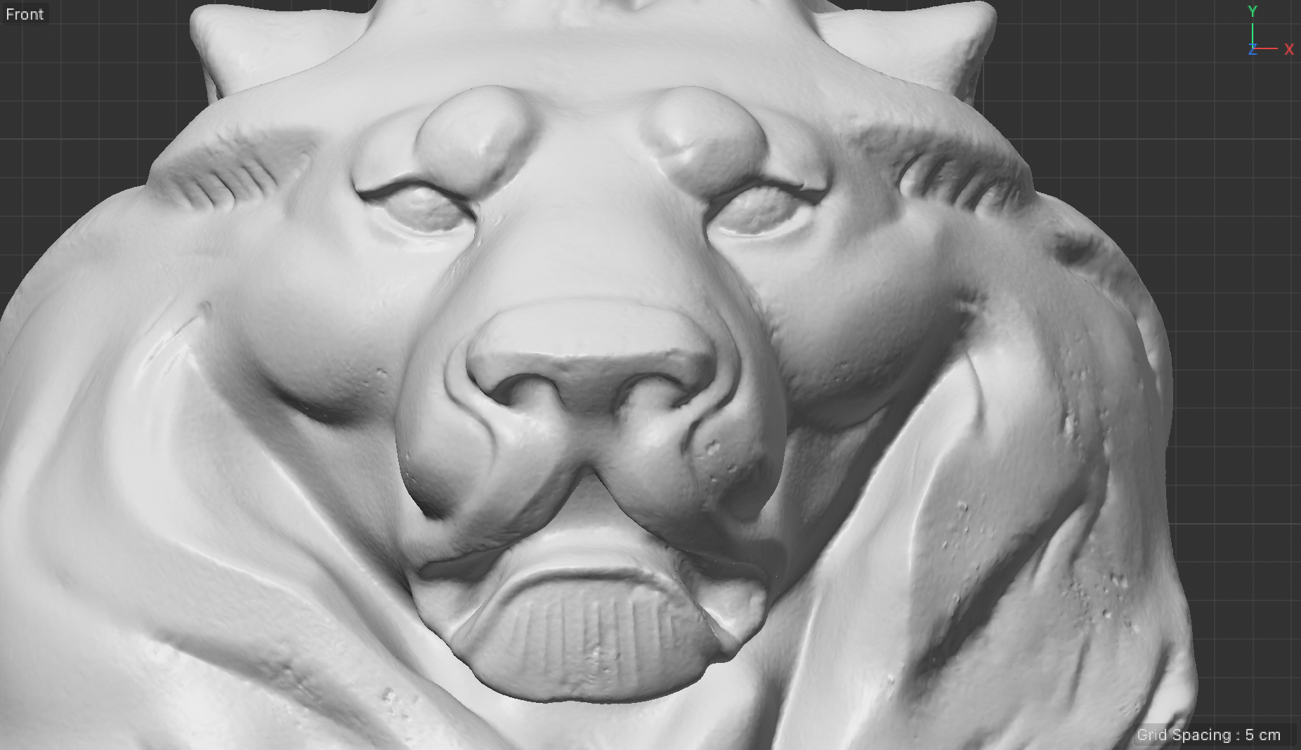 Front view of the sculpted 3D lion model, showing the face and mane.