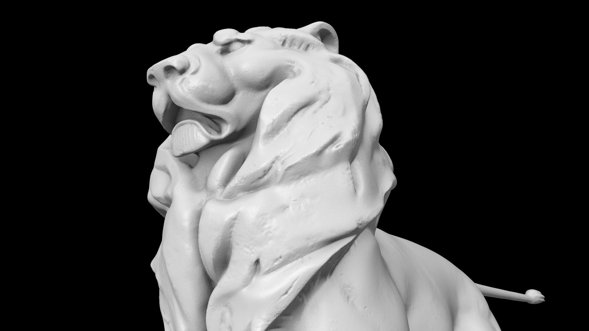 Untextured white render of the lion model against a black background.
