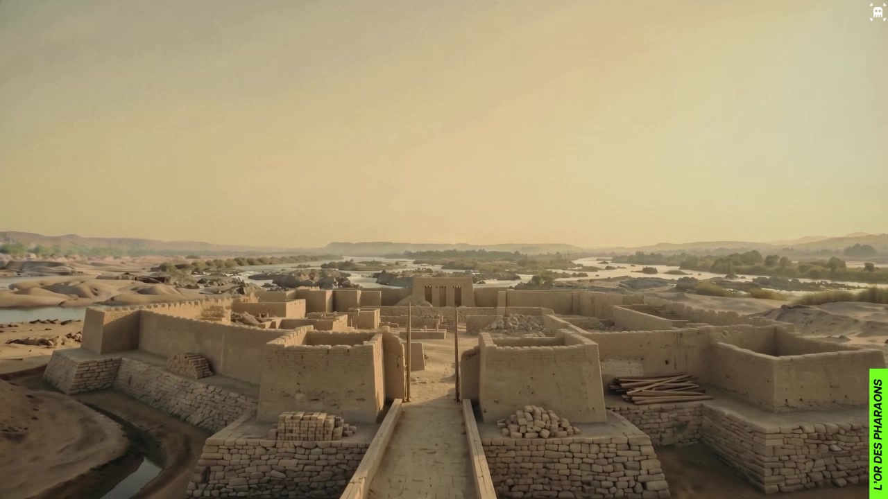 A pharaoh overlooking the Nile and an assembled crowd in an AI reconstruction from L’Or des Pharaons.