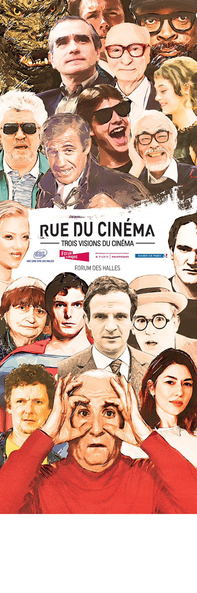 Vertical Rue du Cin&eacute;ma collage with film characters, first totem artwork.