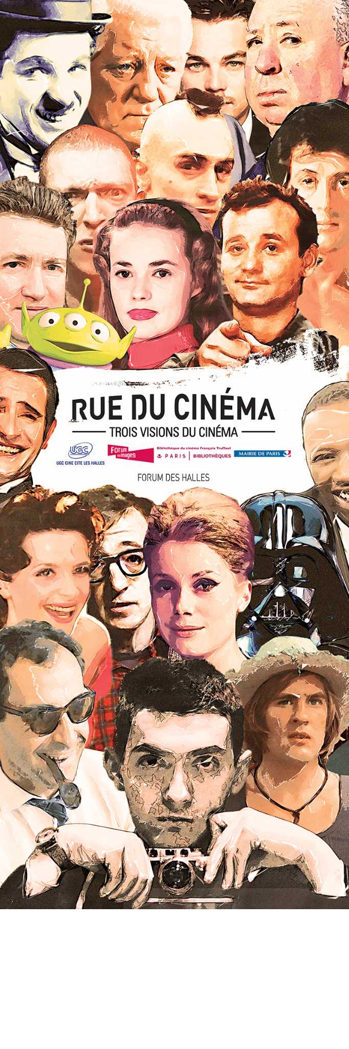 Vertical Rue du Cin&eacute;ma collage with film characters, second totem artwork.