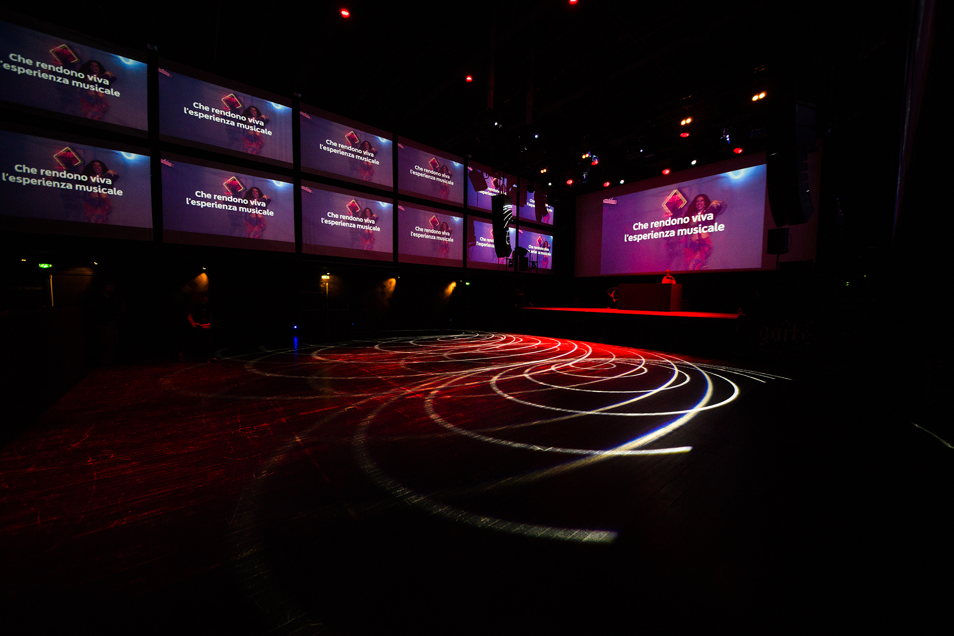 Music imagery filling the large room before guests arrive.
