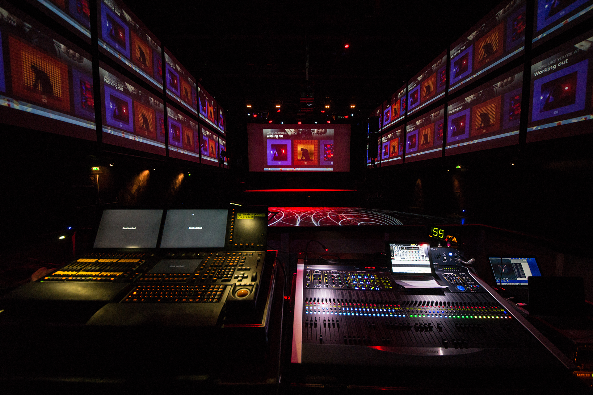The projection arrangement viewed from the technical control desk.