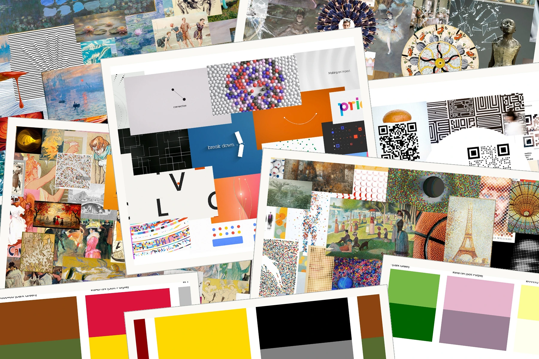 A dense accumulation of different original moodboards and colour palettes, spanning painterly atmospheres, poster graphics and abstract motion references.