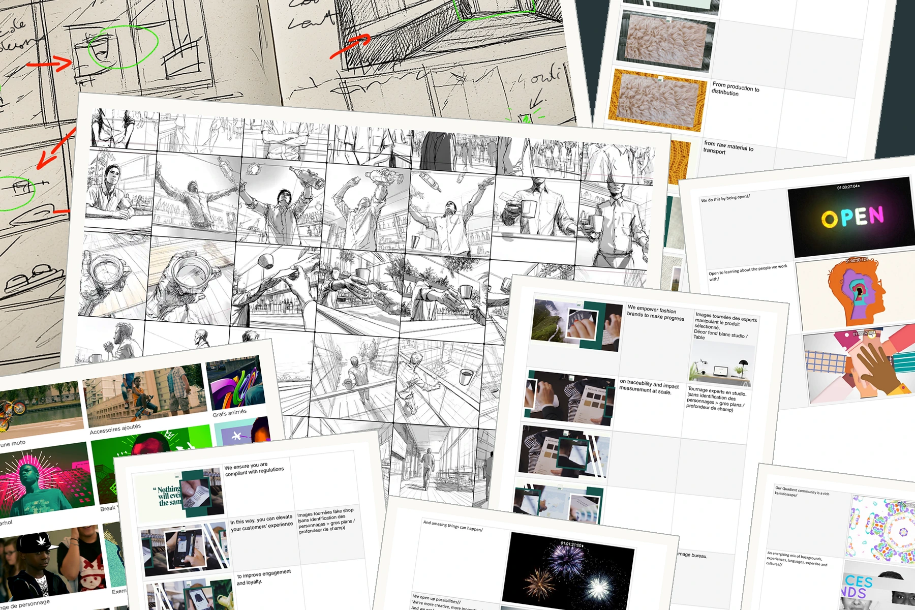 Accumulated pencil sequences, rough sketches, film treatments and illustrated scripts, each source fragment appearing only once.