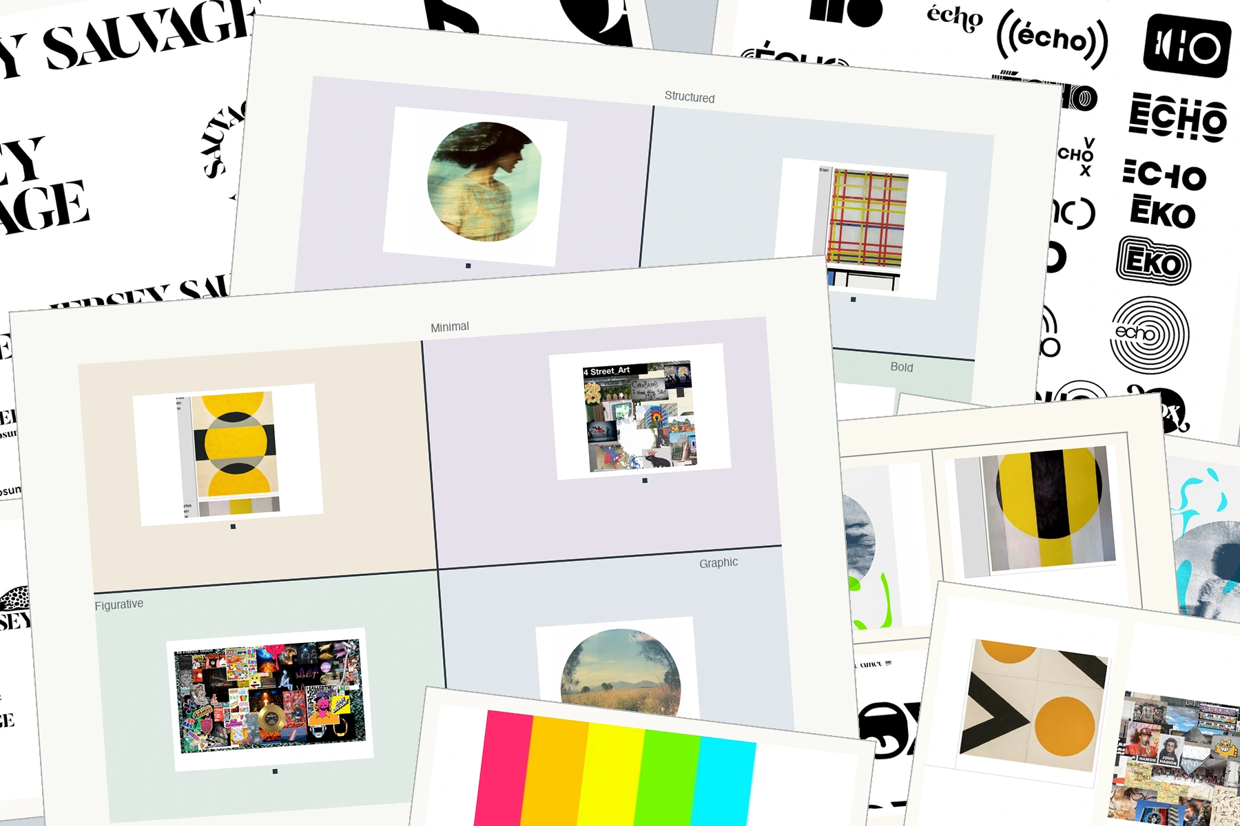 Stacked positioning matrices, identity studies and comparison grids, composed from a dedicated set of original graphic references.